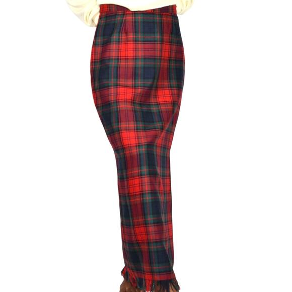Vintage Rafaella Sport Tartan Maxi Skirt Red Plaid Check Fringe Slit Wool Long 8 - Picture 12 of 13